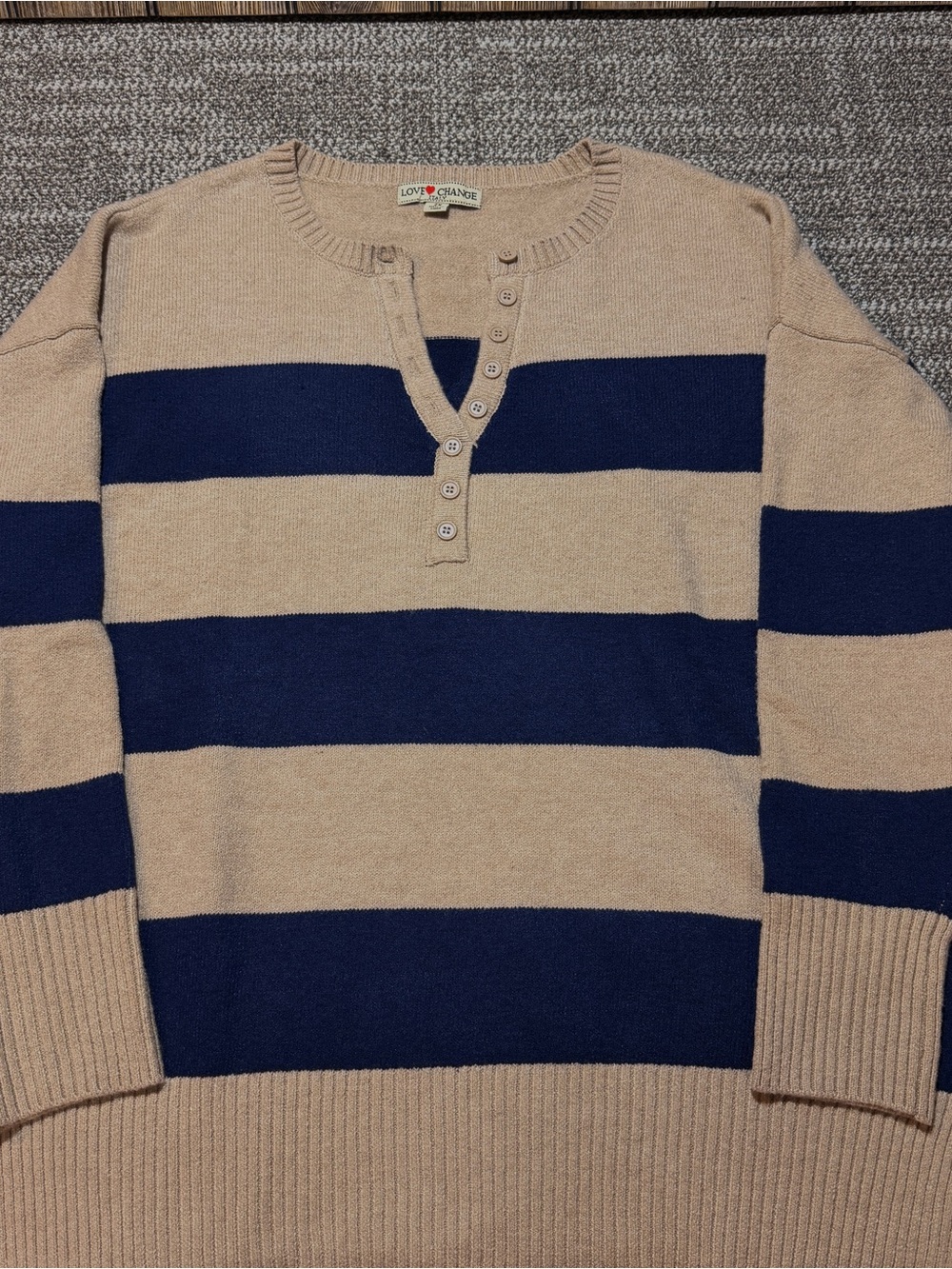 Love Change Italy Striped Henley Sweater Womens 2X Navy Beige Knit Long Sleeve